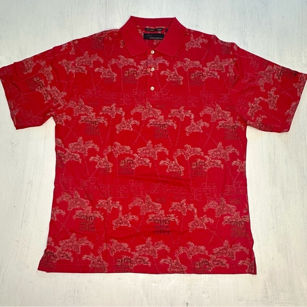 Greg Norman Polo Shirt Mens Medium Red Palm Tree Golf Tropical Cotton
